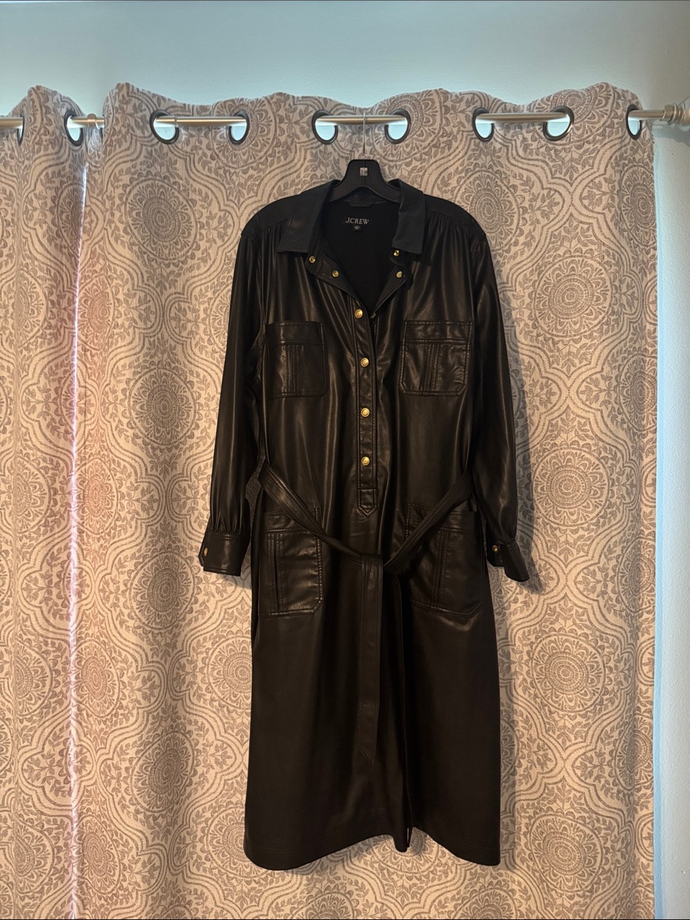 J. Crew Black Faux Leather Midi Shirt-Dress with Gold Buttons